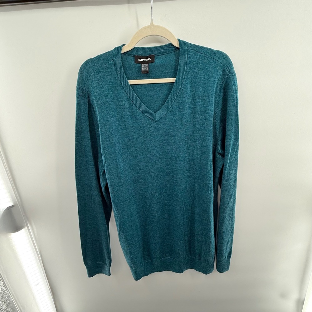Express Merino Wool V-Neck Sweater Teal Blue Green Men's XL Tall Lightweight‎